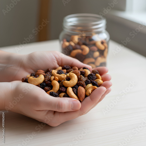 Wallpaper Mural Person's Hands Holding a Generous Handful of Mixed Nuts and Dried Raisins Including Cashews Almonds and Berries as a Nutritious Snack Torontodigital.ca