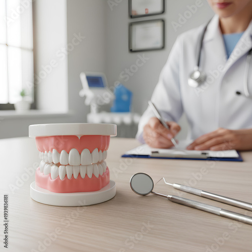 Wallpaper Mural Dentist at Work Desk with Anatomical Teeth Model, Dental Hand Mirror, Explorers, Scalers and Other Precision Instruments Ready for Examination or Education Torontodigital.ca