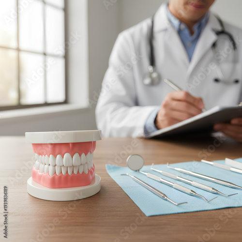 Wallpaper Mural Dentist in Medical Uniform with Stethoscope Preparing for Patient Consultation, Pink Teeth Model on Stand, Stainless Steel Dental Tools Including Mirror and Probes Nearby Torontodigital.ca