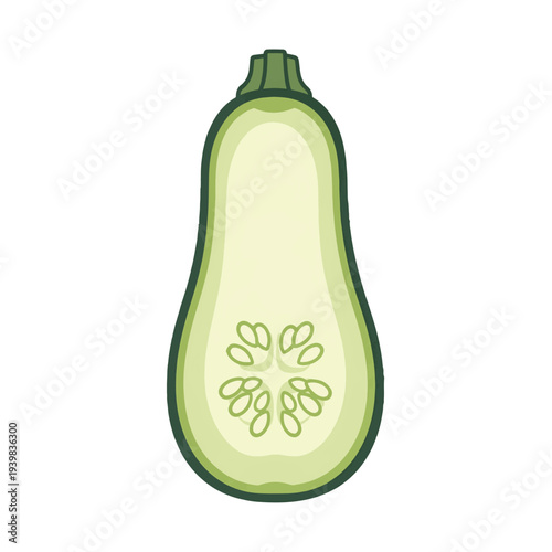 A cartoon illustration of a zucchini (courgette) sliced lengthwise, revealing its light green flesh and a cluster of seeds. Dark green skin and stem end are visible.