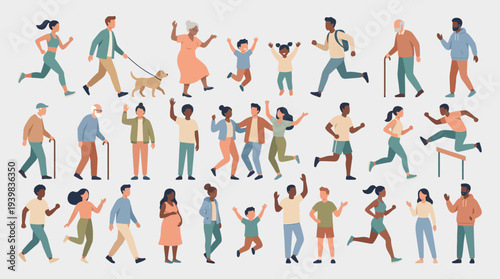 Diverse group of people engaging in various activities and poses.