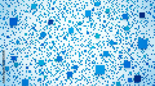 Blue pixelated background with scattered squares and dots.