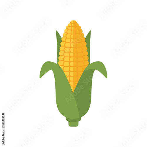 A flat design illustration of a single yellow ear of corn, partially peeled to reveal kernels, with green husks, on a white background.