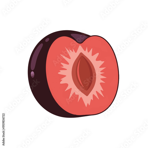 An illustration of a purple plum cut in half, revealing its reddish-pink flesh and a brown pit. The fruit is depicted in a simple, flat cartoon style on a white background.