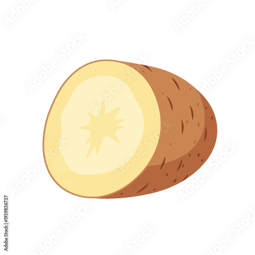 An illustration of a potato cut in half lengthwise, revealing its light yellow flesh and brown skin. It lies horizontally on a white background.