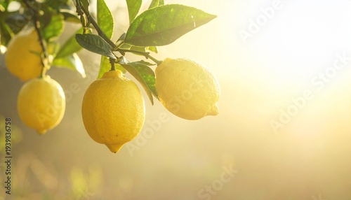 朝日を浴びて実るレモンの木と黄色い果実の爽やかな自然イメージ