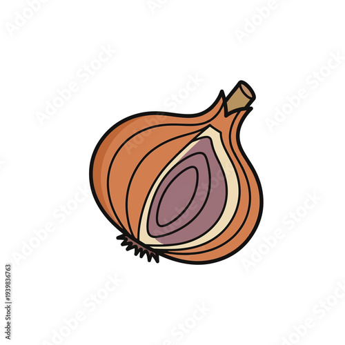 A cartoon illustration of an onion cut in half, revealing its purple and white layers, with a brown skin and a black outline on a white background.