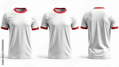 Blank ringer tee mockup in front, side, and back views isolated on grey background. 3d rendering, 3d illustration