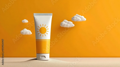 Sunscreen tube with sun icon on sand dune, surrounded by clouds on yellow background, copy space