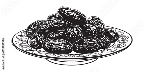 Date fruits vector illustration on plate for ramadan kareem celebration and healthy snack concept