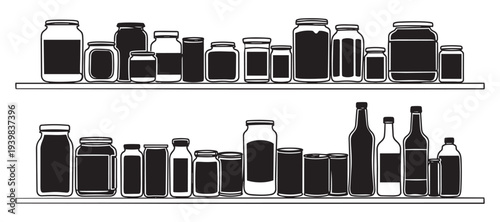 Pantry shelf vector illustration with various glass jars and bottles for kitchen storage concept