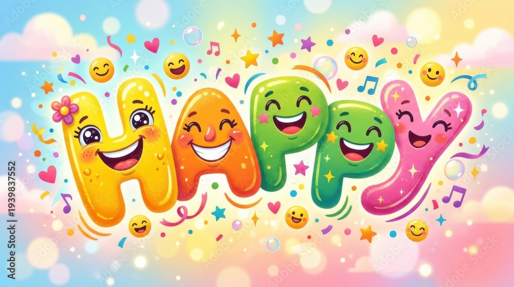 Naklejka premium Cheerful Happy Word Art with Smiling Emoji Decorations and Colorful Background.