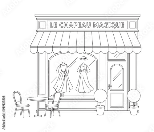 Storefront Le Chapeau Magique with cafe table and chairs vector illustration