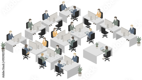 Isometric illustration of business people working together in a modern office space.