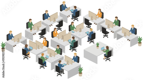 Isometric illustration of business people working together in a modern office space.
