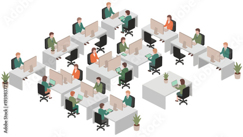 Isometric illustration of business people working together in a modern office space.