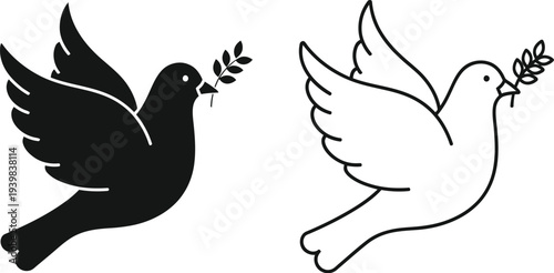 Dove of peace symbolism black white illustration isolated on transparent background, Vector