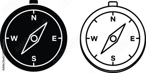 Compass navigation direction black white isolated on transparent background, Vector