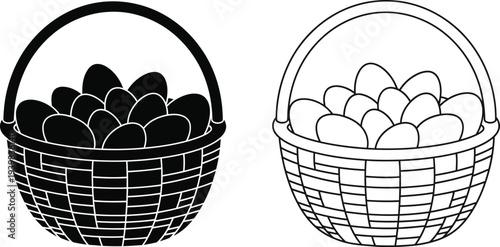 Black and white eggs in baskets illustration isolated on transparent background, Vector
