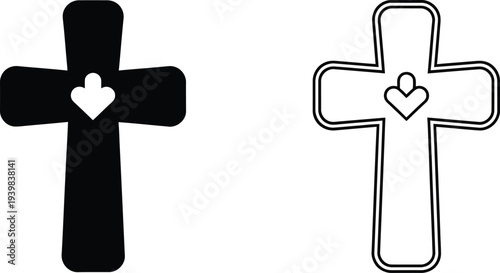 Cross with heart symbol christian faith icon isolated on transparent background, Vector