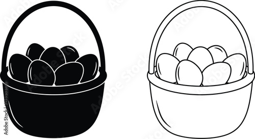 Black and white illustration of eggs in baskets isolated on transparent background, Vector