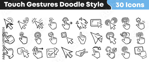Thirty hand drawn doodle style icons representing various touch gestures and cursor actions for digital interface design projects.