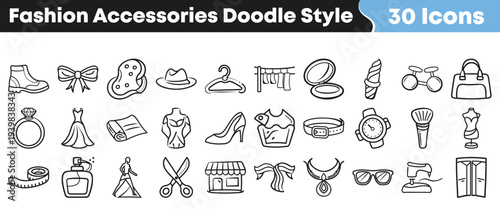 A charming collection of hand-drawn fashion and beauty accessories icons in a delightful doodle style, perfect for illustrating various clothing, makeup, and jewelry themes.