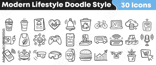 Collection of thirty modern lifestyle doodle style icons representing technology consumption health entertainment and daily activities