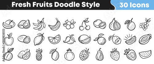 An expansive collection of thirty different fresh fruits illustrated in a charming, expressive doodle style, suitable for educational content, healthy living blogs, and children's designs.