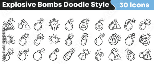 Collection of thirty distinct explosive bomb icons rendered in a whimsical doodle sketch style perfect for danger concepts.