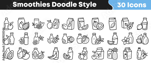 A delightful collection of thirty hand-drawn doodle style smoothie icons featuring various healthy fruits and beverage containers perfect for fresh food and drink illustrations.