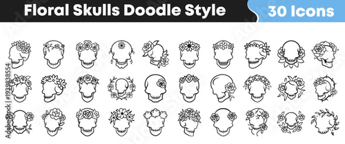 Collection of thirty unique doodle style black and white icons featuring human skulls adorned with various beautiful floral arrangements and rose wreaths.