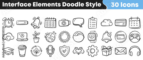 A delightful collection of thirty hand drawn interface elements rendered in a charming black and white doodle style perfect for apps.