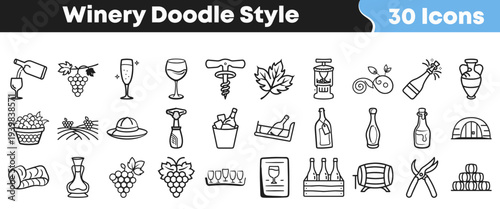 A collection of thirty hand drawn doodle style icons representing various elements associated with winemaking and vineyard culture