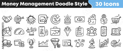 Collection of thirty hand drawn doodle style icons representing essential concepts for successful money management and financial planning.