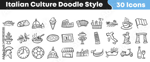 A comprehensive set of charming hand-drawn Italian cultural doodle icons capturing the essence of Italy's famous landmarks, cuisine, and traditions in a delightful illustration style.