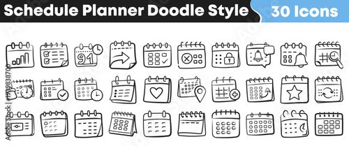 Collection of hand-drawn doodle style calendar icons perfect for scheduling, planning, events, and task management, offering versatile design elements for applications, websites, and digital projects.