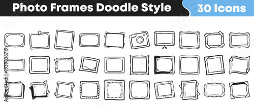 A delightful collection of thirty charming hand-drawn doodle style photo frame icons, perfect for adding a whimsical, artistic touch to your creative designs and digital projects.