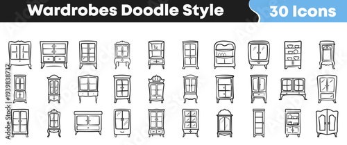 A collection of thirty unique, hand-drawn wardrobe and cabinet icons presented in a clean doodle style for design projects.