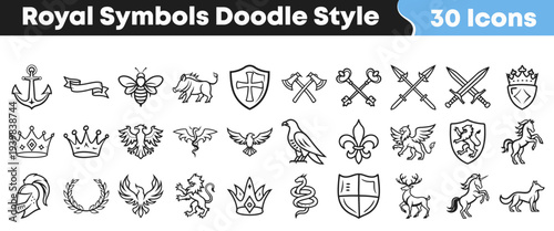 This is a comprehensive collection of royal and medieval symbols presented in a charming doodle style, perfect for various design projects and historical themes.