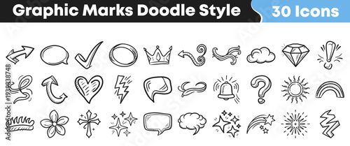 Thirty hand drawn graphic marks and doodle style icons representing various concepts like arrows hearts and decorative elements
