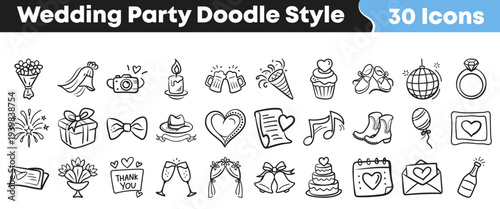 Thirty charming doodle style icons representing various elements essential for a joyous and memorable wedding party celebration