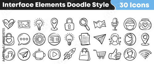 A charming collection of thirty hand drawn black and white interface elements perfect for any creative digital design project.