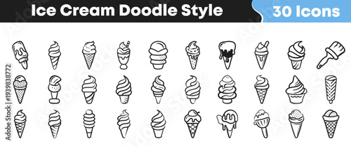 A collection of thirty distinct black and white hand drawn doodle style icons representing various frozen desserts and sweet treats.