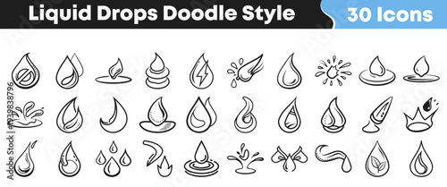 A versatile collection of 30 hand-drawn liquid drop icons presented in a charming doodle style, ideal for water, fluid, and nature-related design projects.