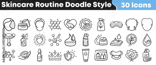 Collection of thirty black and white doodle style icons representing various elements of a daily skincare routine and cosmetic ingredients.