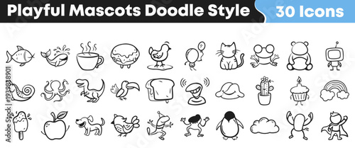 This charming collection presents thirty playful doodle-style mascots and icons, showcasing a diverse array of hand-drawn animals, objects, and whimsical characters, ideal for creative designs.
