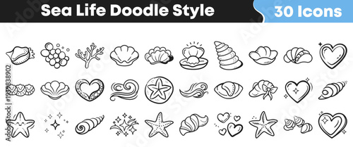 Charming collection of 30 hand-drawn sea life doodle style icons featuring various seashells, starfish, coral, and waves, ideal for ocean-themed design projects.