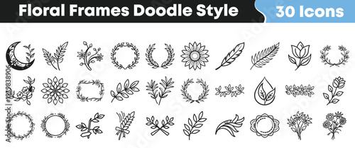 A delightful collection of 30 hand-drawn floral and nature doodle icons, featuring intricate leaves, elegant wreaths, charming frames, and beautiful flowers for creative projects.