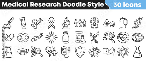 Collection of thirty hand drawn doodle style icons representing various elements crucial to modern medical research and scientific study